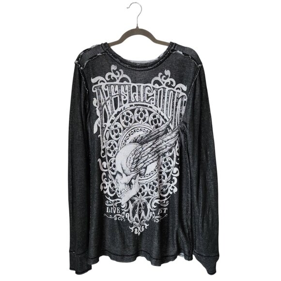 AFFLICTION Skull graphic Henley knit long‎ sleeve raw edge reversible top grey - Picture 1 of 6